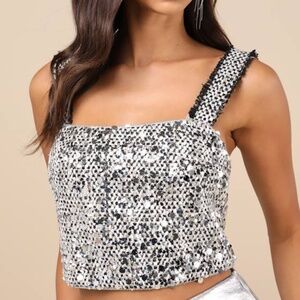 Lulus Aesthetically Chic Ivory And Black Tweed Sequin Cropped Tank Top White